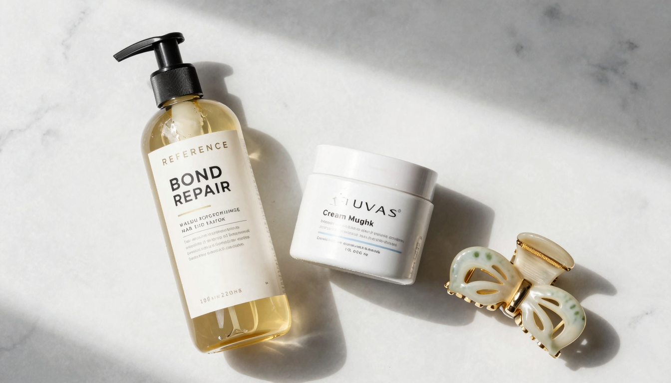 Flat lay of hair care products including shampoo bottles and a hair clip on a marble surface.