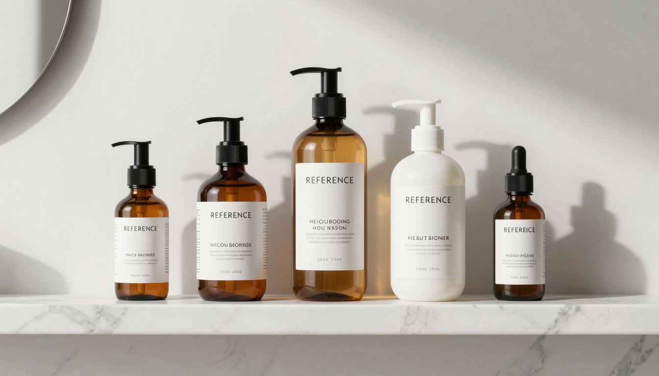 Flat lay of haircare products on a white marble shelf in soft light