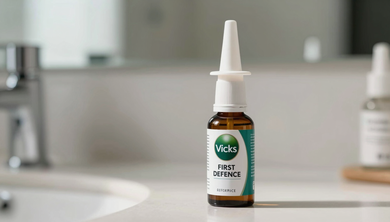 Vicks First Defence nasal spray bottle on a bathroom shelf