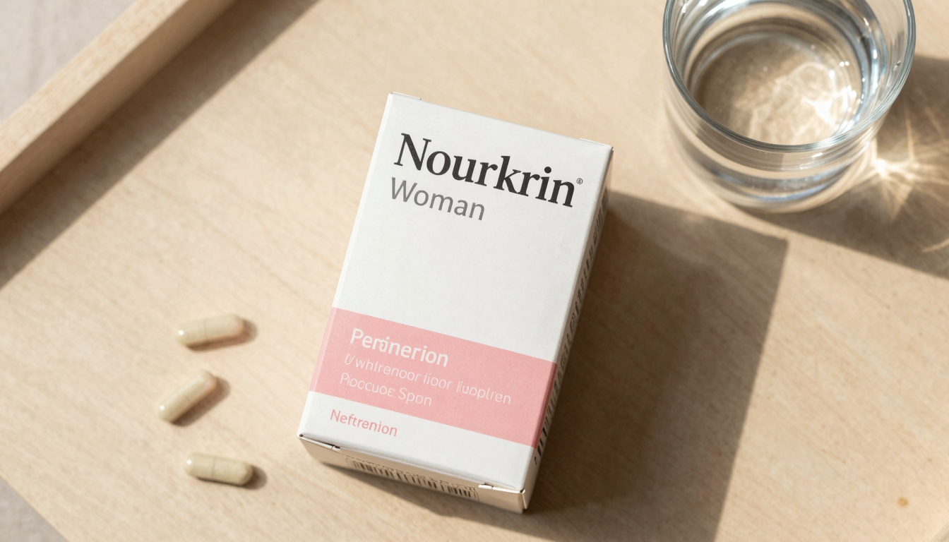Flat lay of dietary supplements and a glass of water on a wooden table