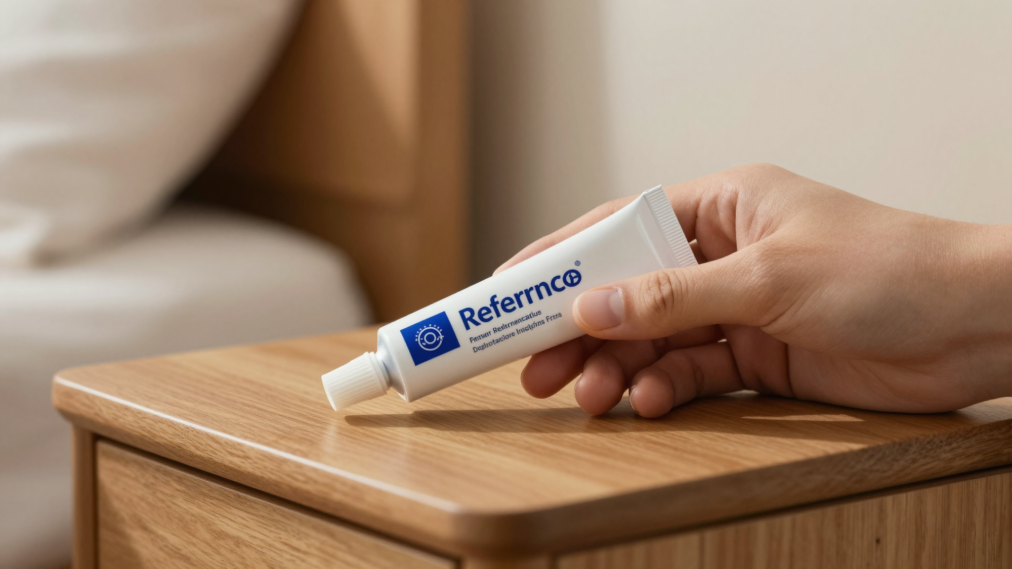 Hand holding a tube of lubricant gel next to a bedside lamp, soft evening lighting