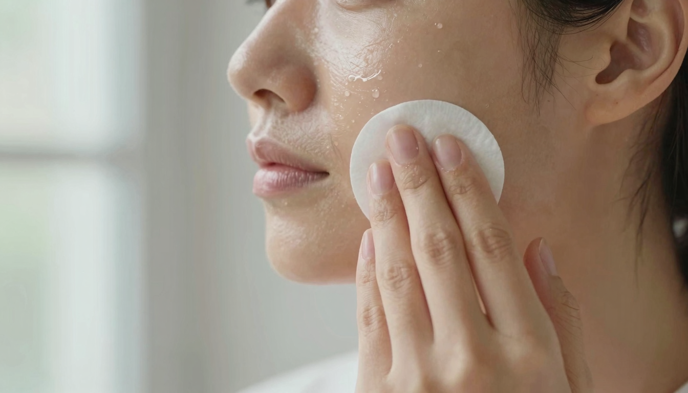 Person applying toner with cotton pad
