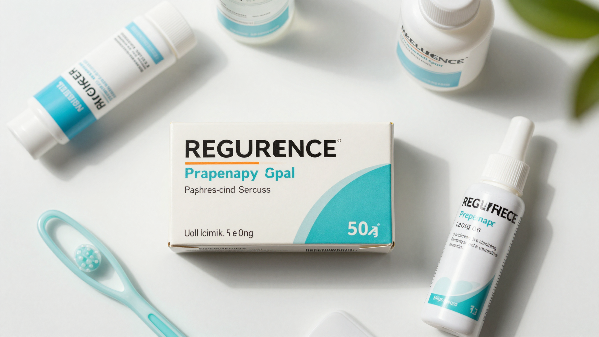 Flat lay of pharmacy oral care and health products on a clean white surface with natural light