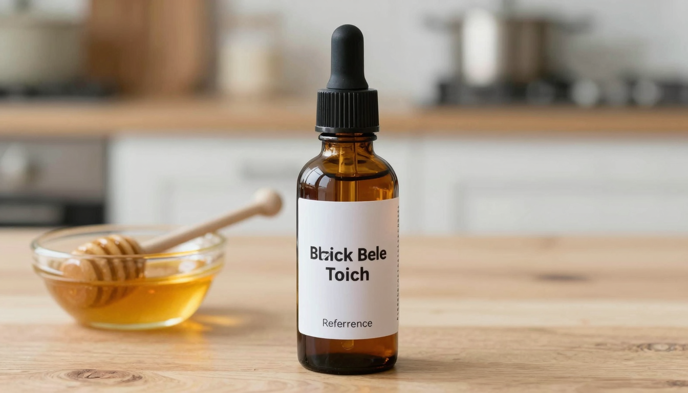 Black seed oil bottle with honey spoon