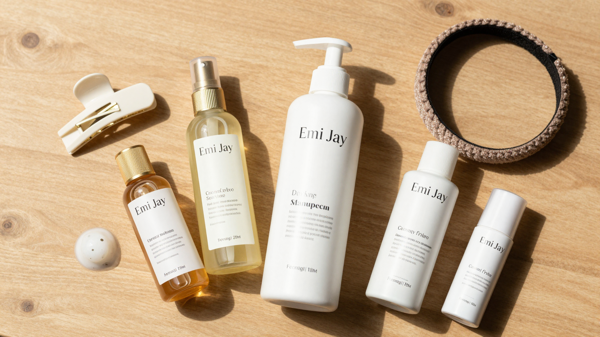 Cruelty free hair products arranged in a flat lay with hair accessories