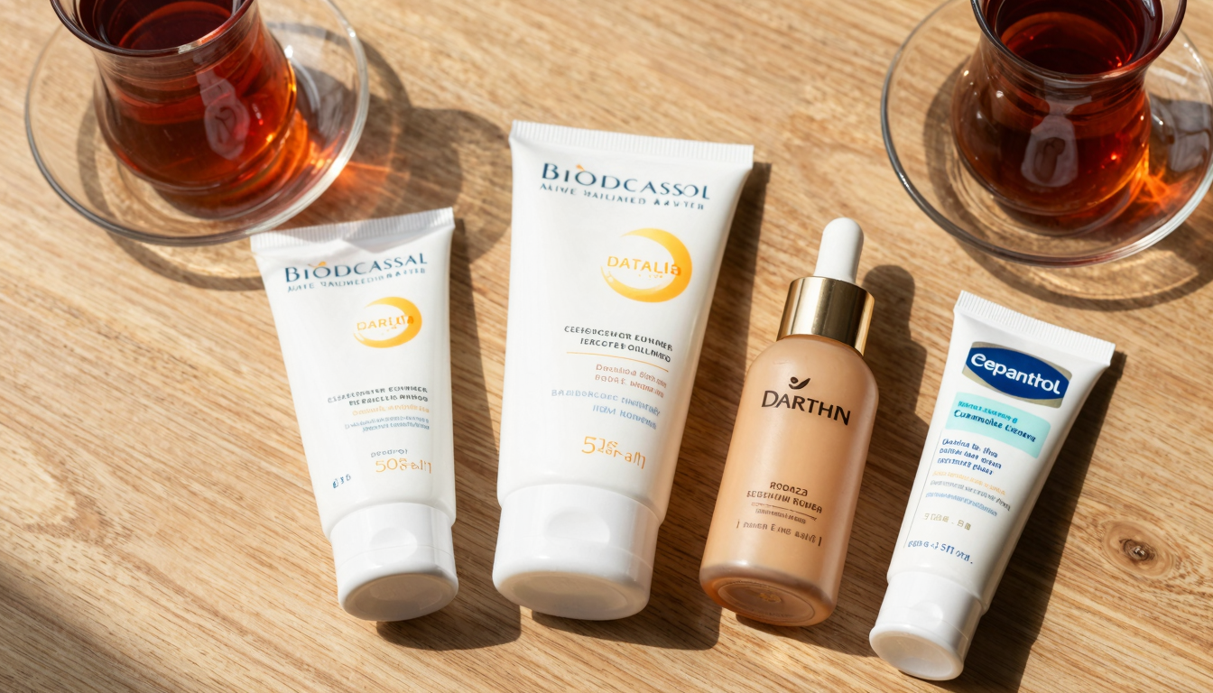Flat lay of Turkish pharmacy skincare products with Turkish tea, editorial style