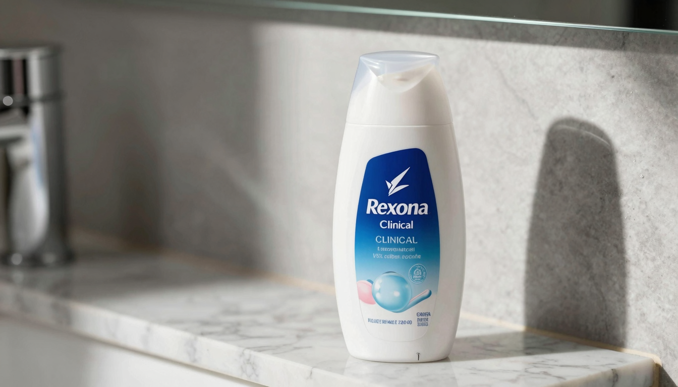 Clinical strength deodorant bottle on a bathroom shelf