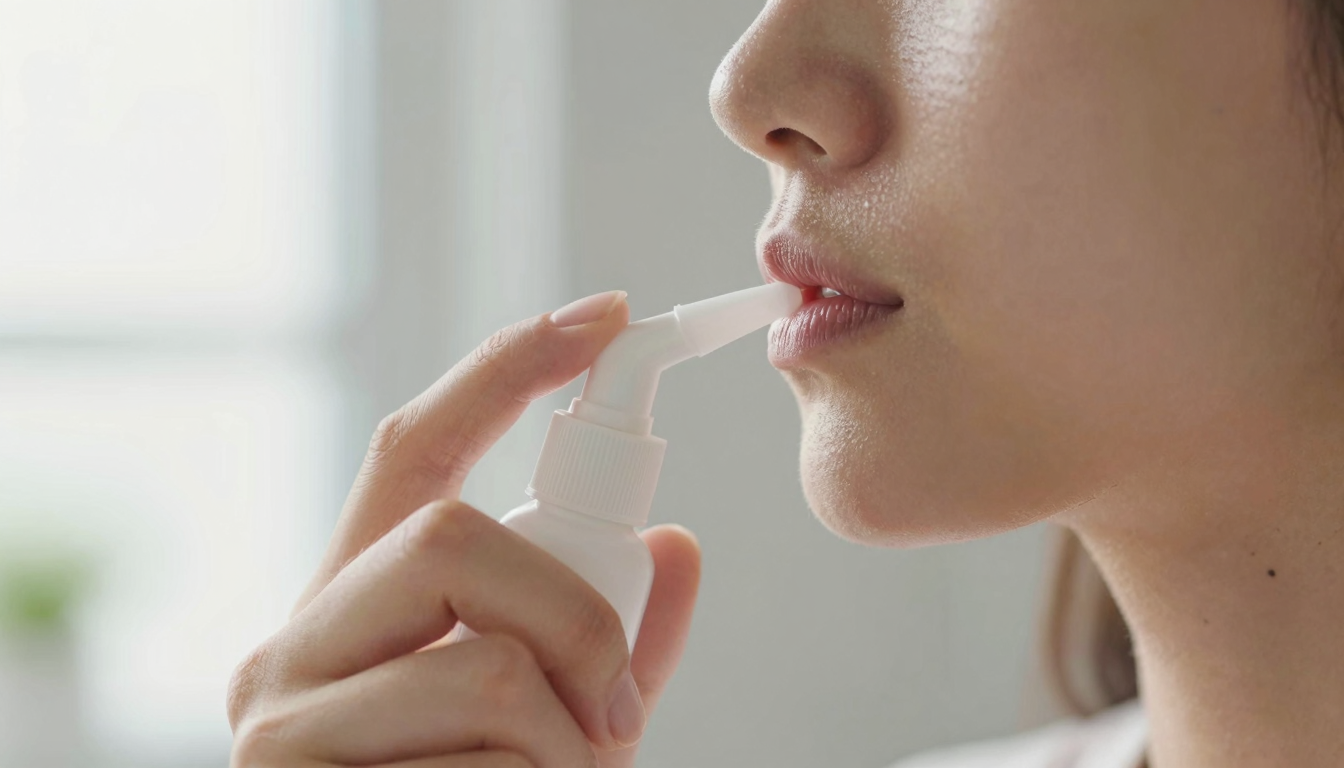 Person using a nasal spray in a bright bathroom