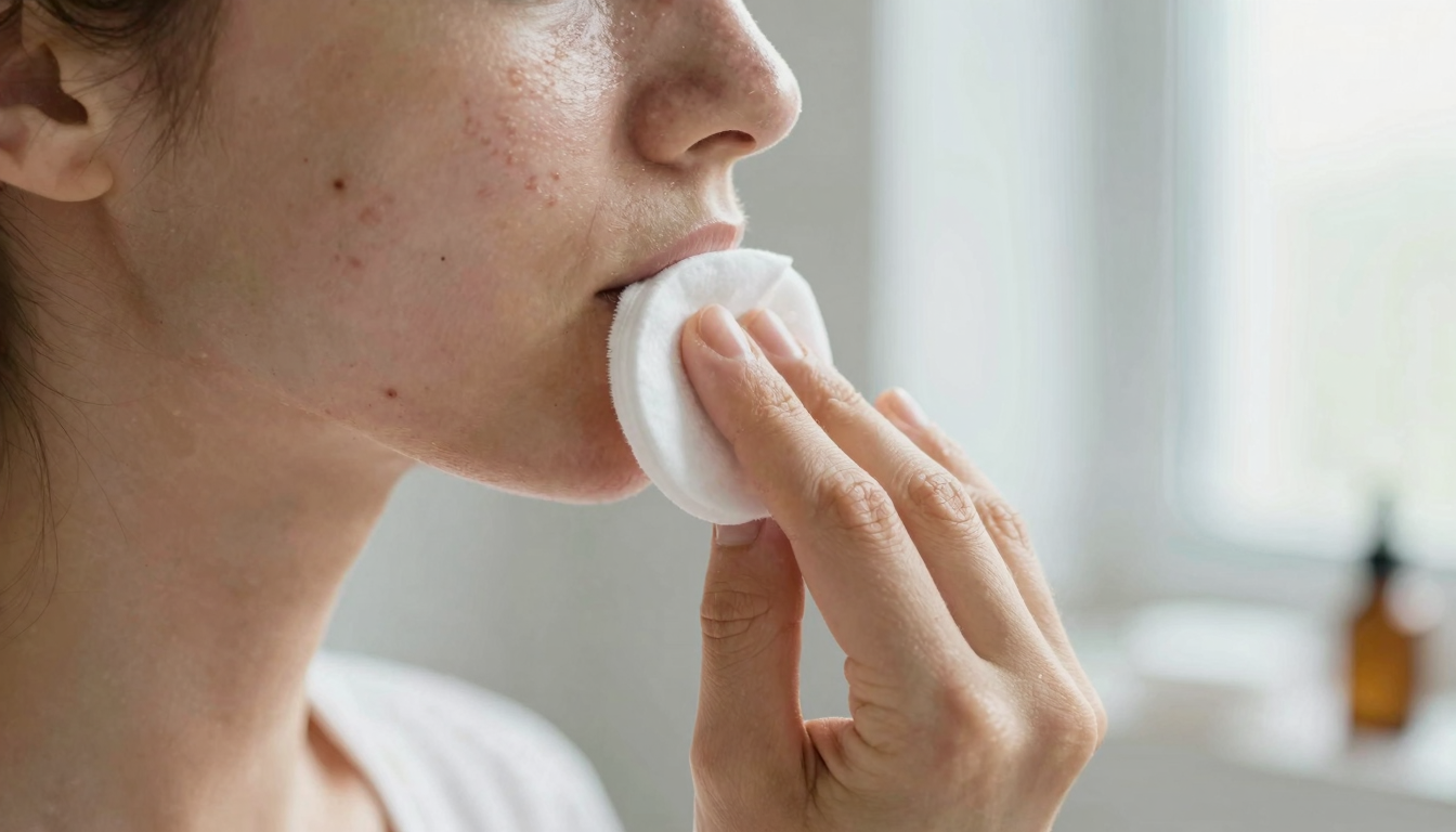 Person applying toner to sensitive skin with a cotton pad