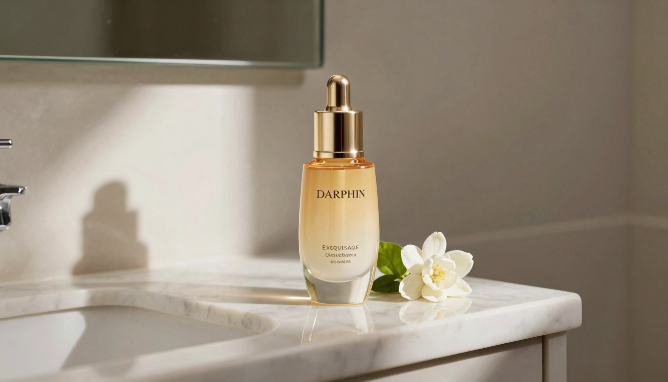 Darphin Exquisage serum bottle on a marble shelf with botanical accents
