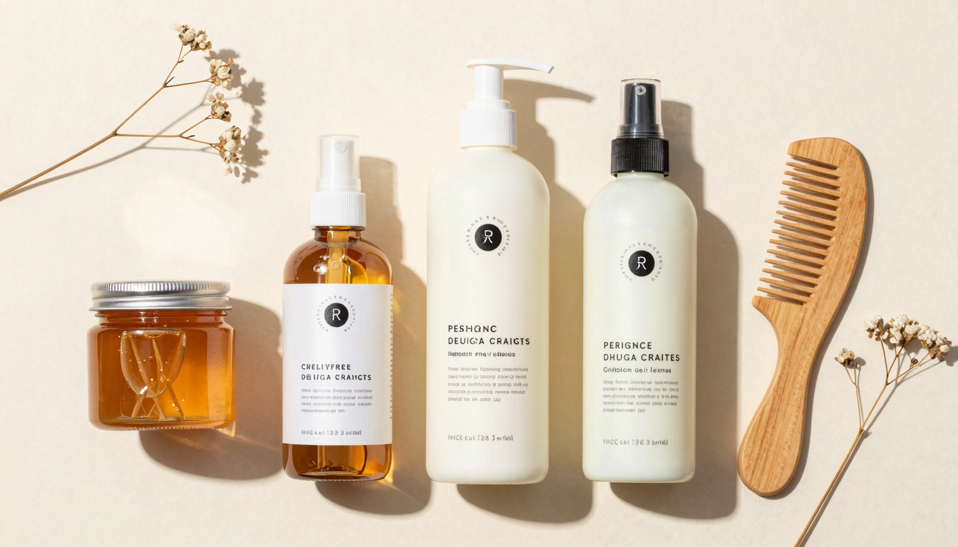 Flat lay of cruelty-free haircare products including honey-based items and natural accessories