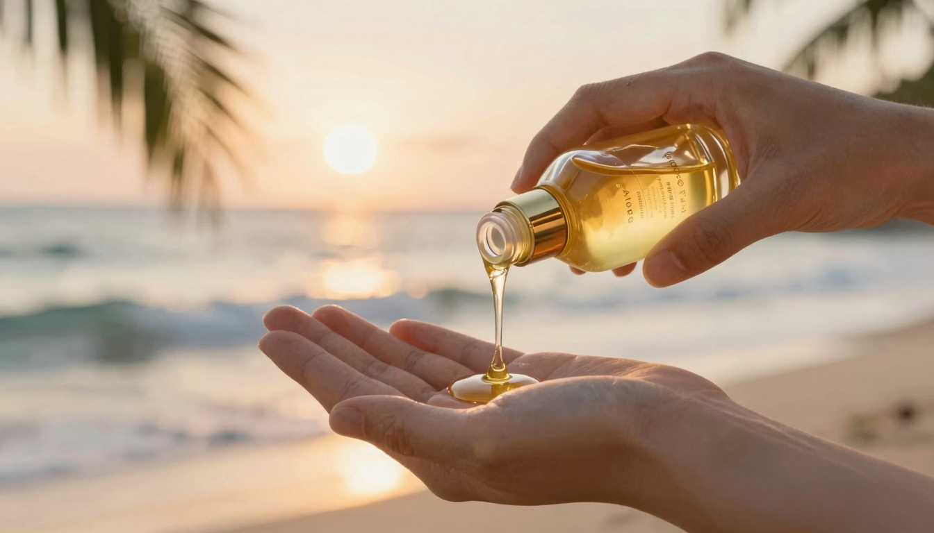 Hand holding tanning oil bottle on a beach at sunset