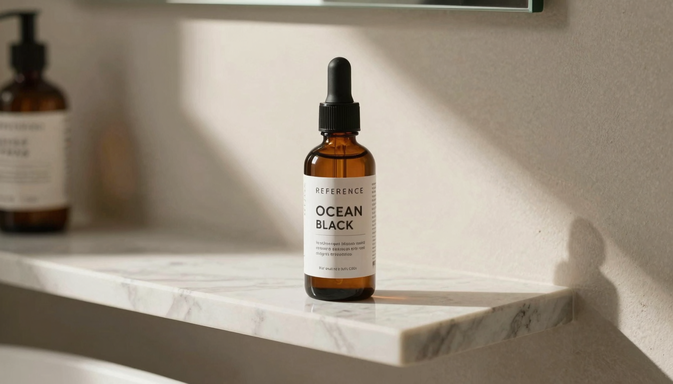 Black seed oil bottle on bathroom shelf