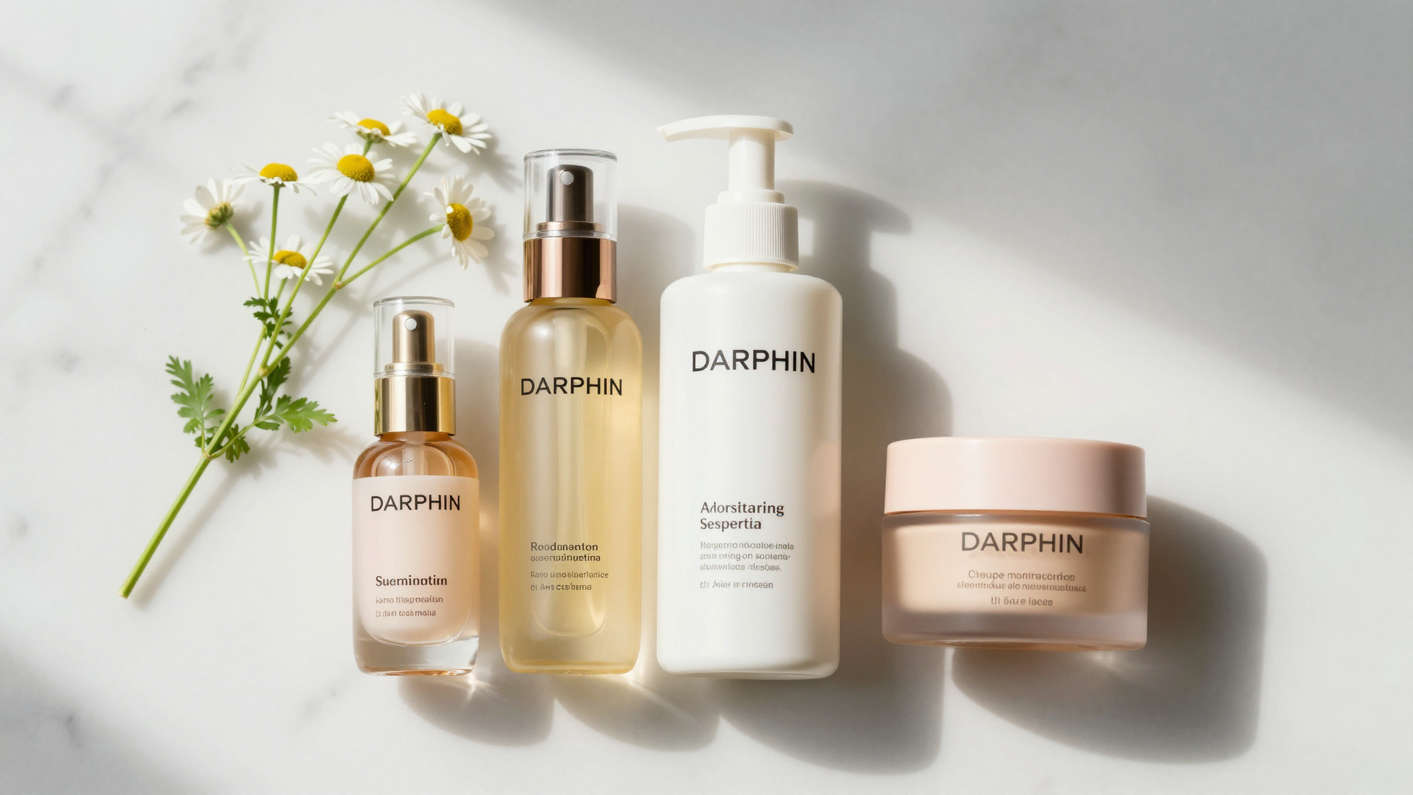Darphin skincare products arranged on marble with chamomile, soothing sensitive skin concept.