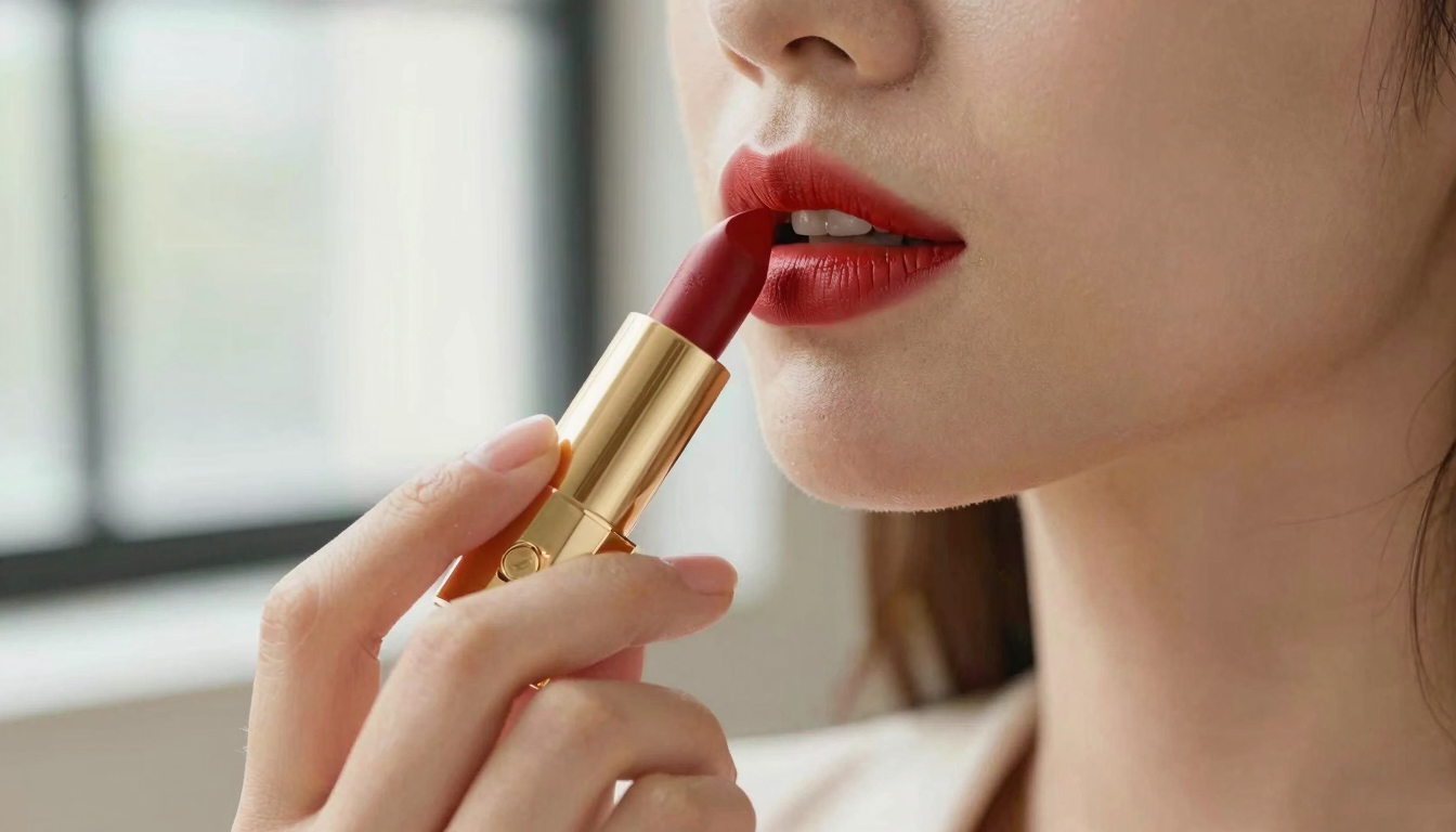 Woman applying Valentino red lipstick in front of a window
