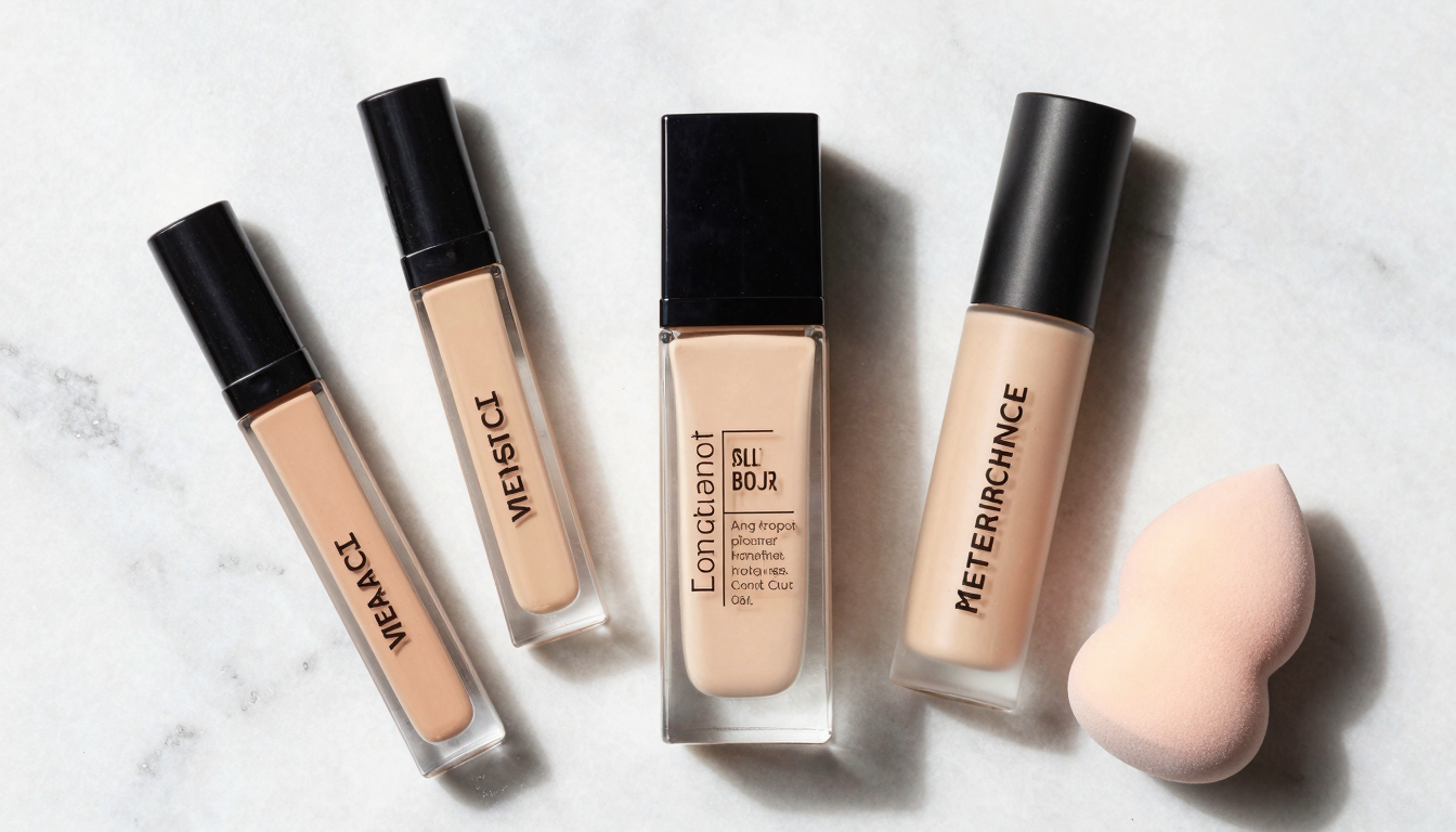 Flat lay of longwear foundation, concealer, primer and sponge on marble surface