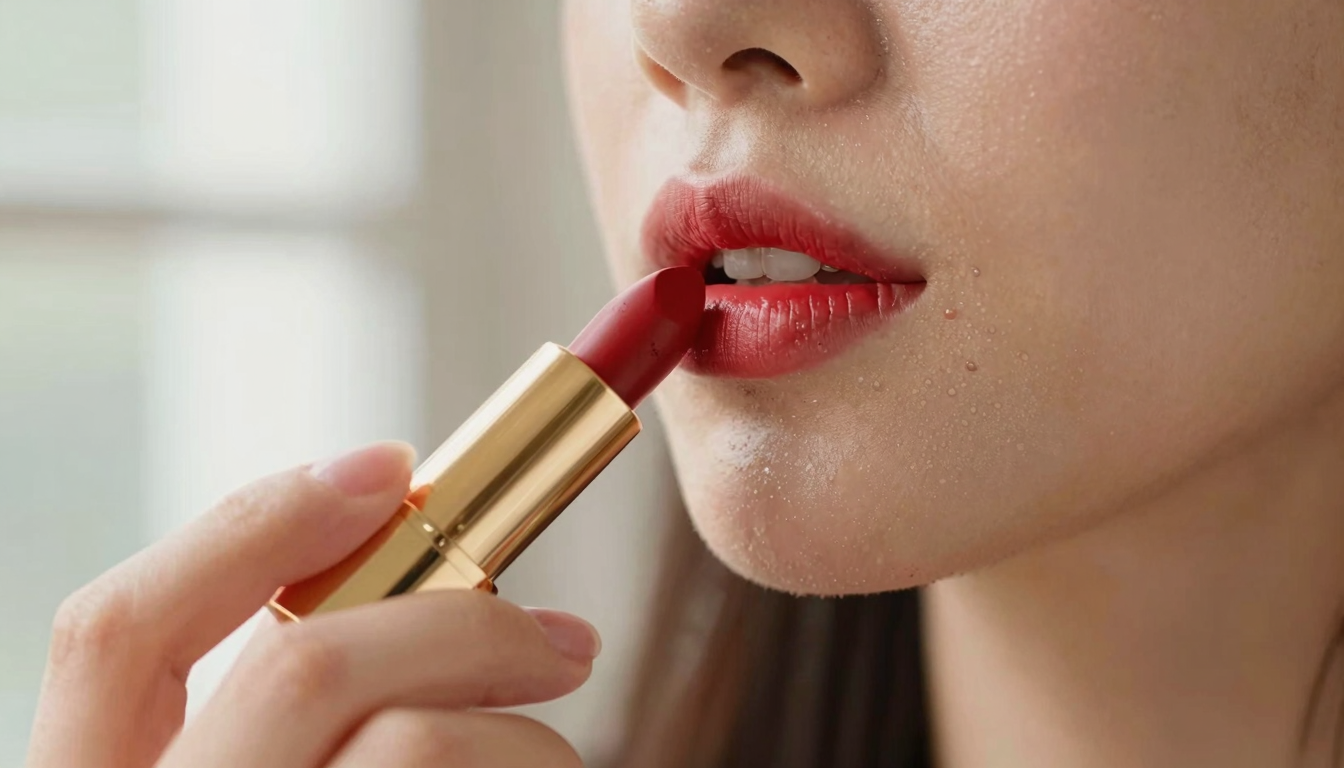 A hand applying a rich red lipstick from a gold tube, close-up with diffused daylight