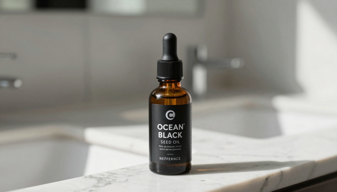 Ocean Black Seed Oil bottle on a bathroom counter