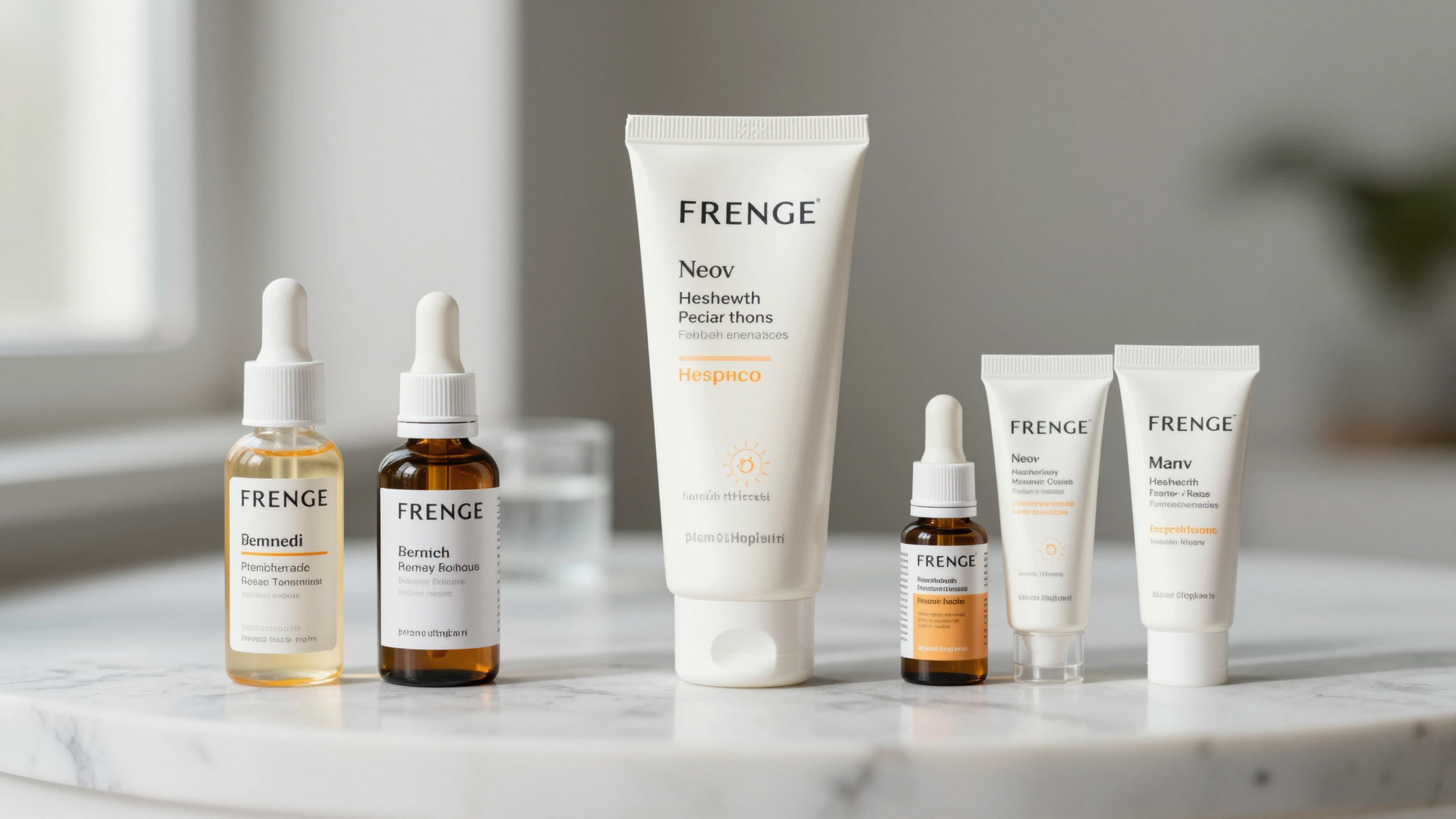 French pharmacy skincare products arranged on a marble surface