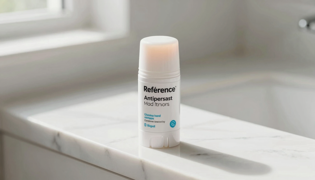Clinical antiperspirant stick resting on a clean bathroom counter