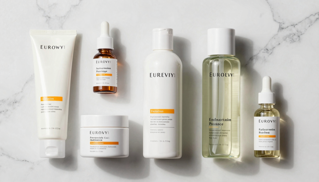 Flat lay of European pharmacy skincare products on marble