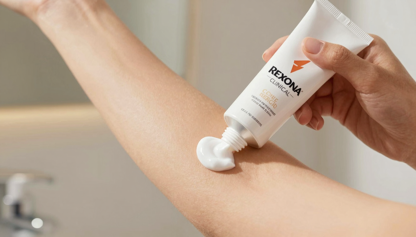 Hand applying cream antiperspirant from a white and blue tube in a dim bathroom