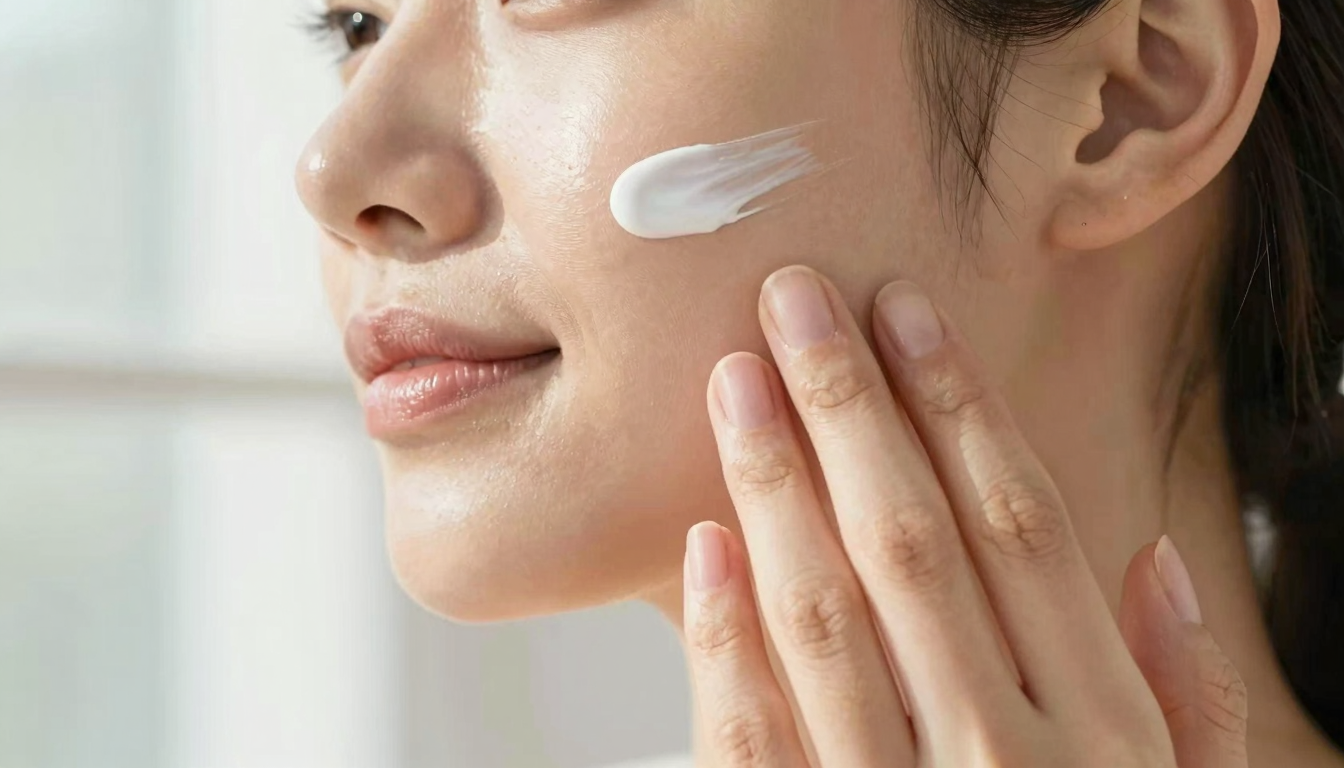 Hands applying a transparent sunscreen to a woman's face, demonstrating the invisible finish