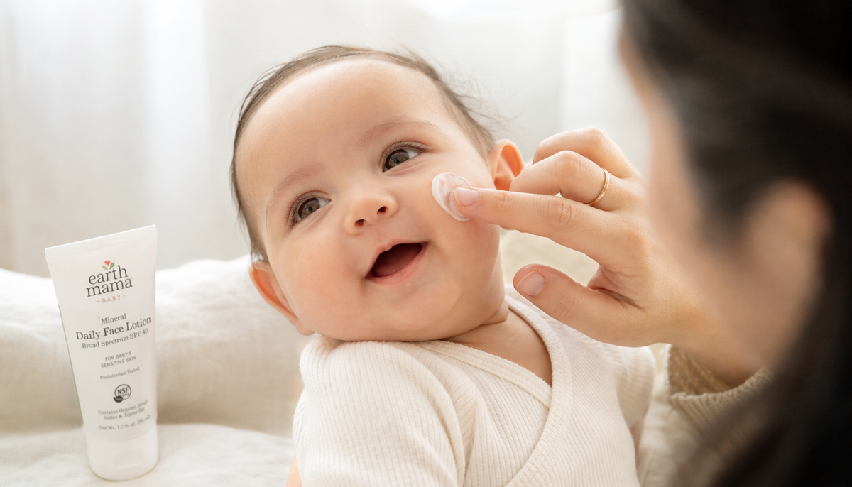 Parent applying gentle cream to baby's face