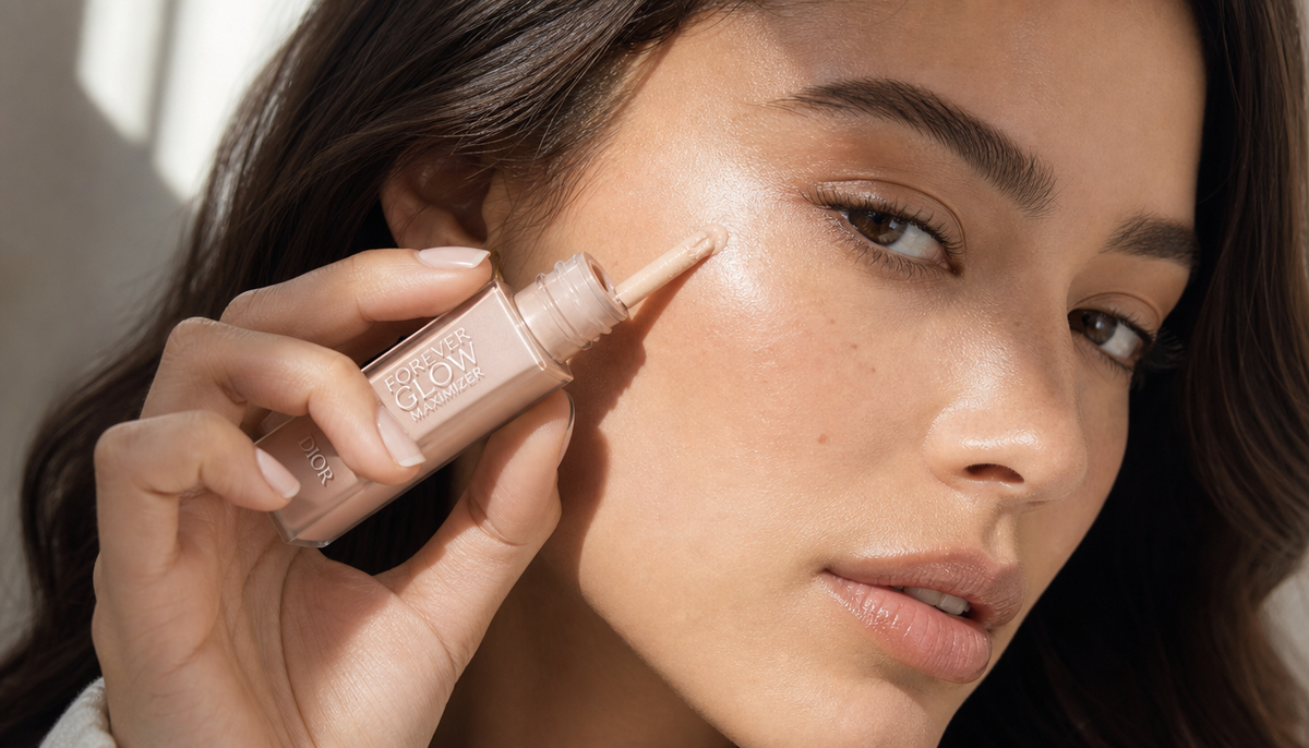 Hand applying liquid highlighter on cheekbone