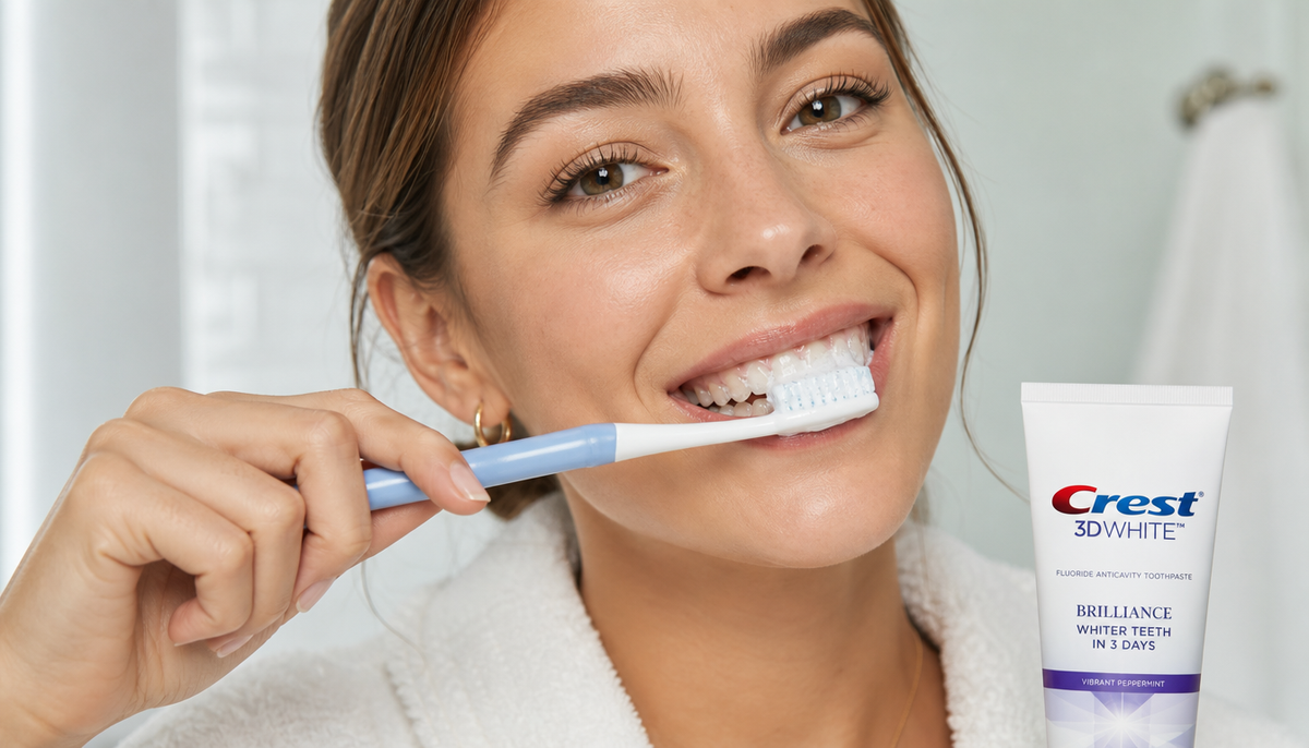 Person brushing teeth with whitening toothpaste, foam on bristles, bright bathroom