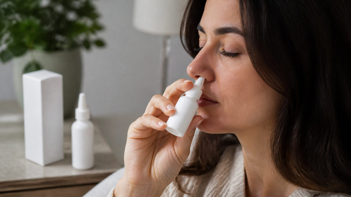 Person using Vicks First Defence nasal spray