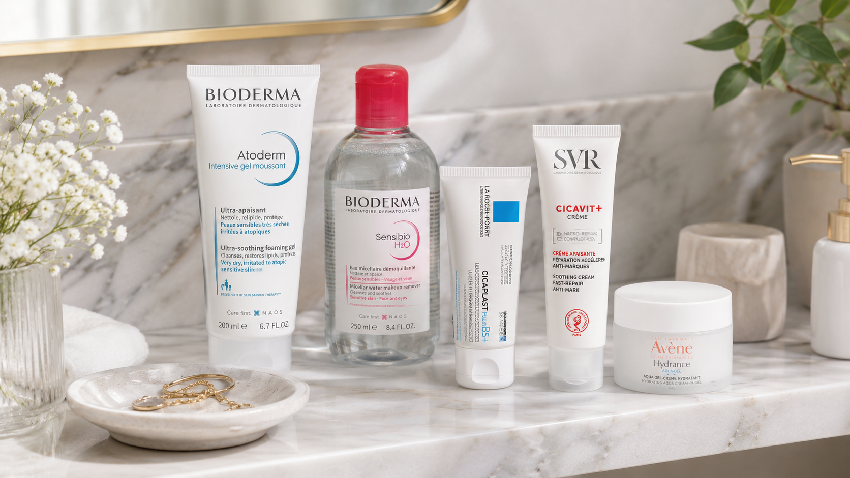 Flat lay of European pharmacy skincare products on a shelf
