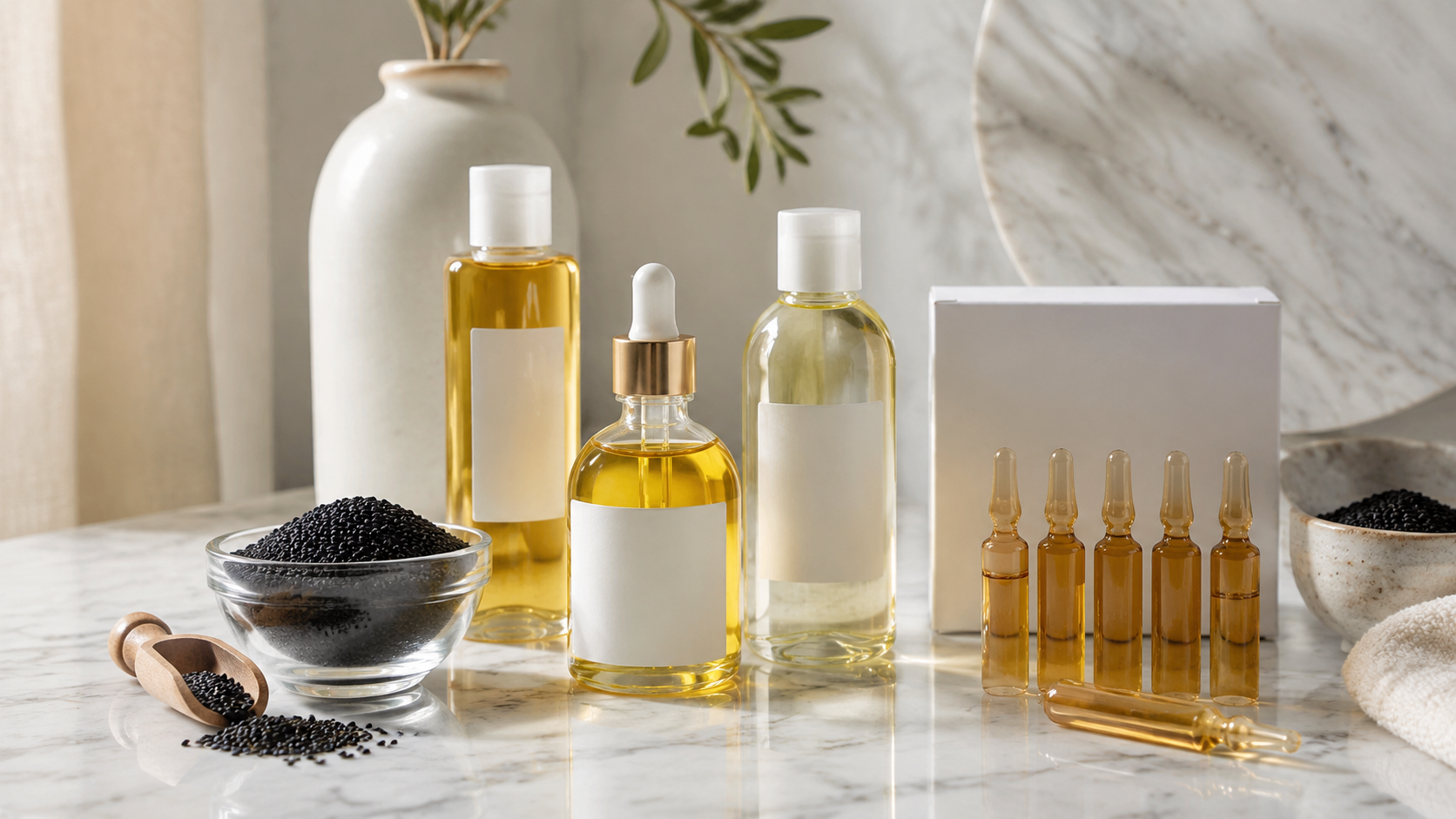 Collection of traditional Turkish hair care oils, vitamin ampoules, and black seeds on a marble surface