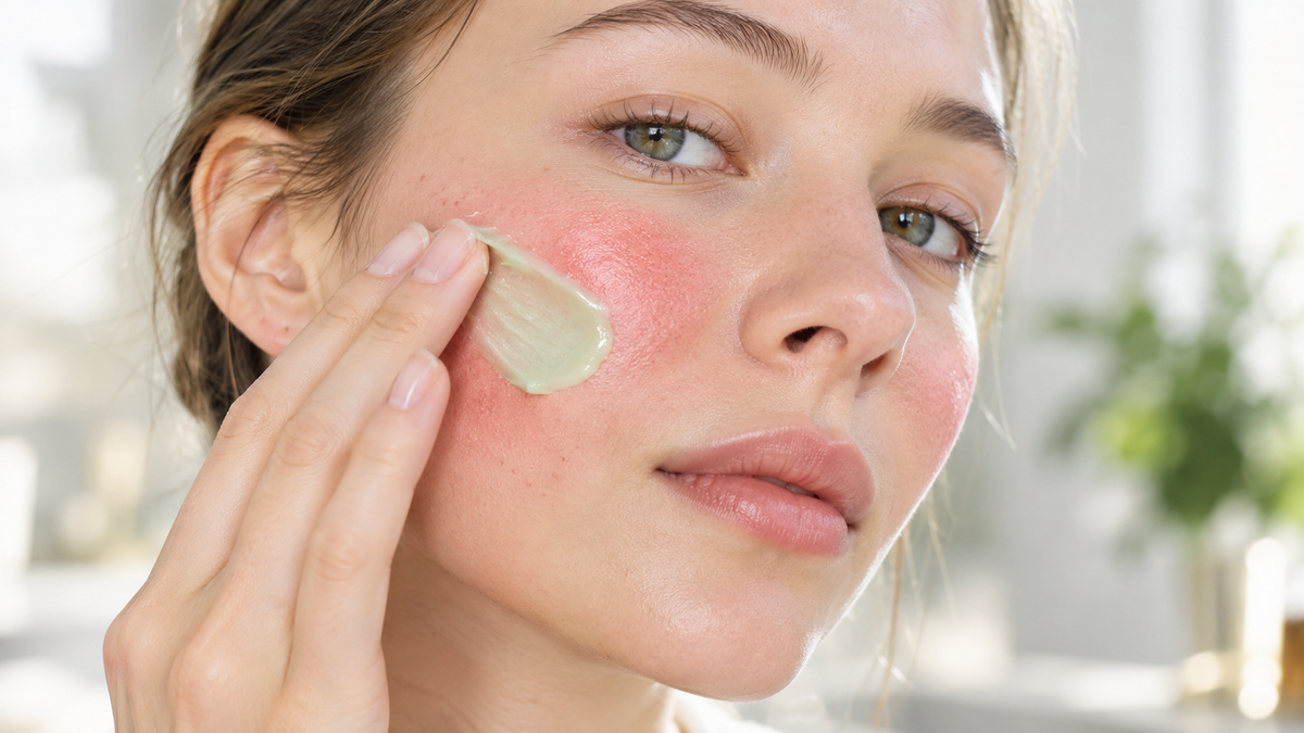 Person applying a soothing moisturiser to sensitive, red-prone skin