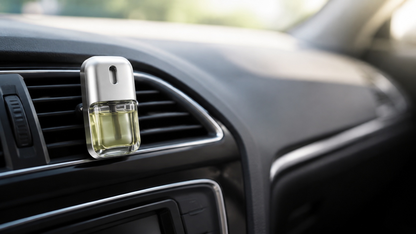 Liquid air freshener clipped to a car dashboard vent