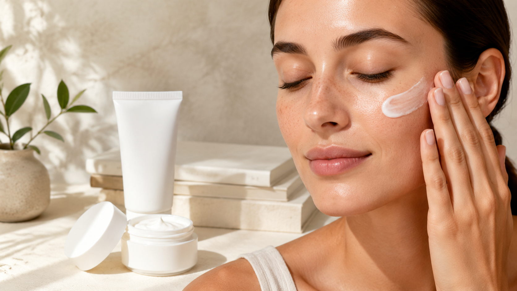 Gentle application of soothing cream on sensitive skin