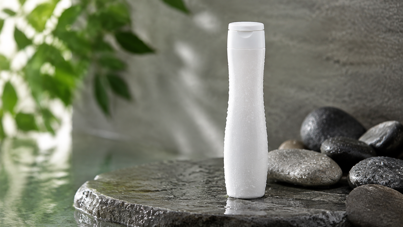 Satinique shampoo bottle on a wet stone surface with water droplets