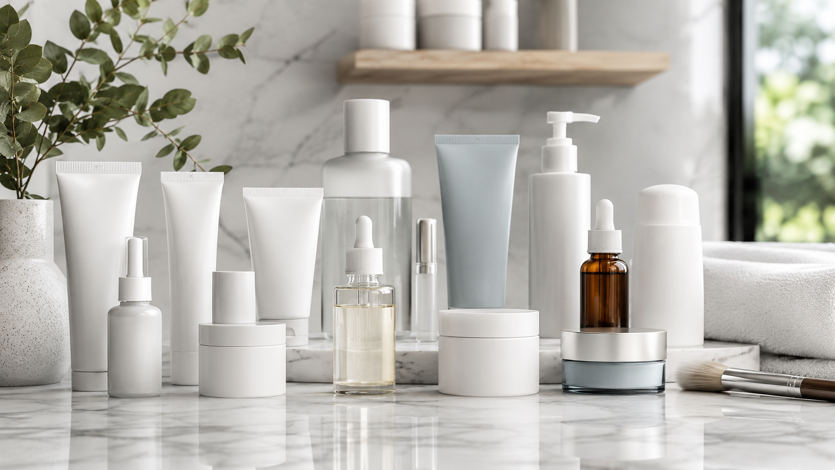 A collection of assorted skincare products on a marble countertop, depicting a pharmacy skincare selection.