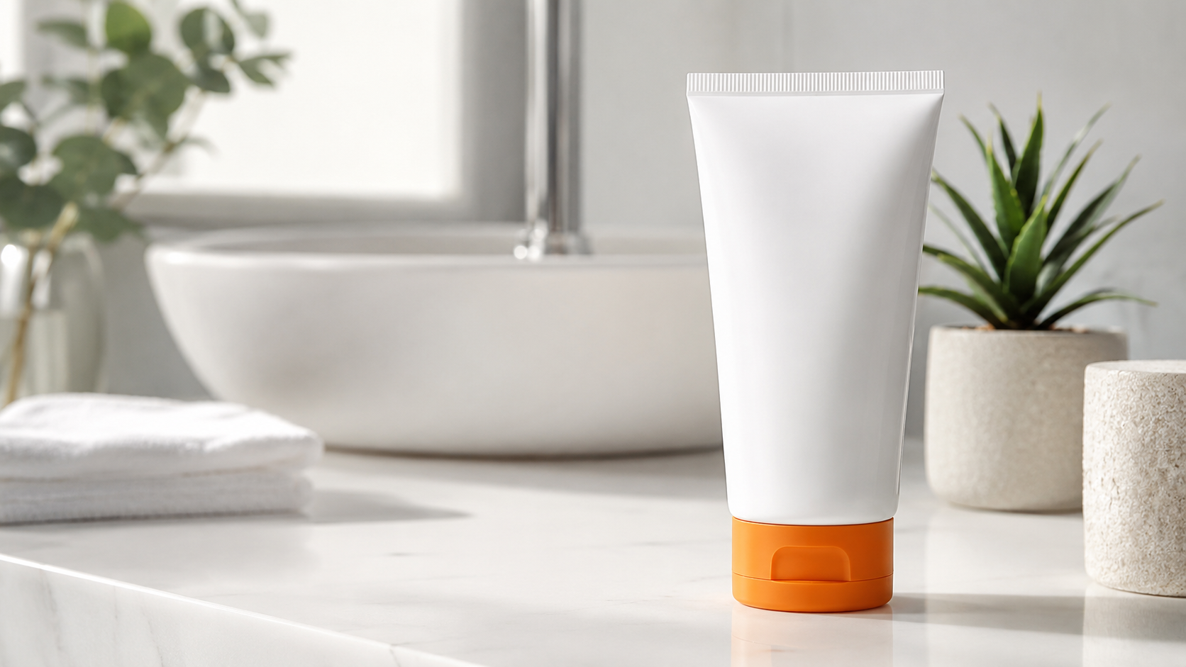White and orange sunscreen bottle sitting on a bright bathroom counter