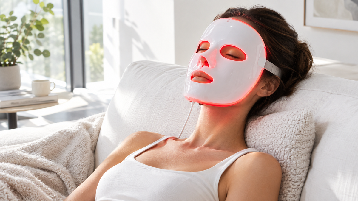 Woman relaxing at home wearing a red LED light therapy mask for skincare
