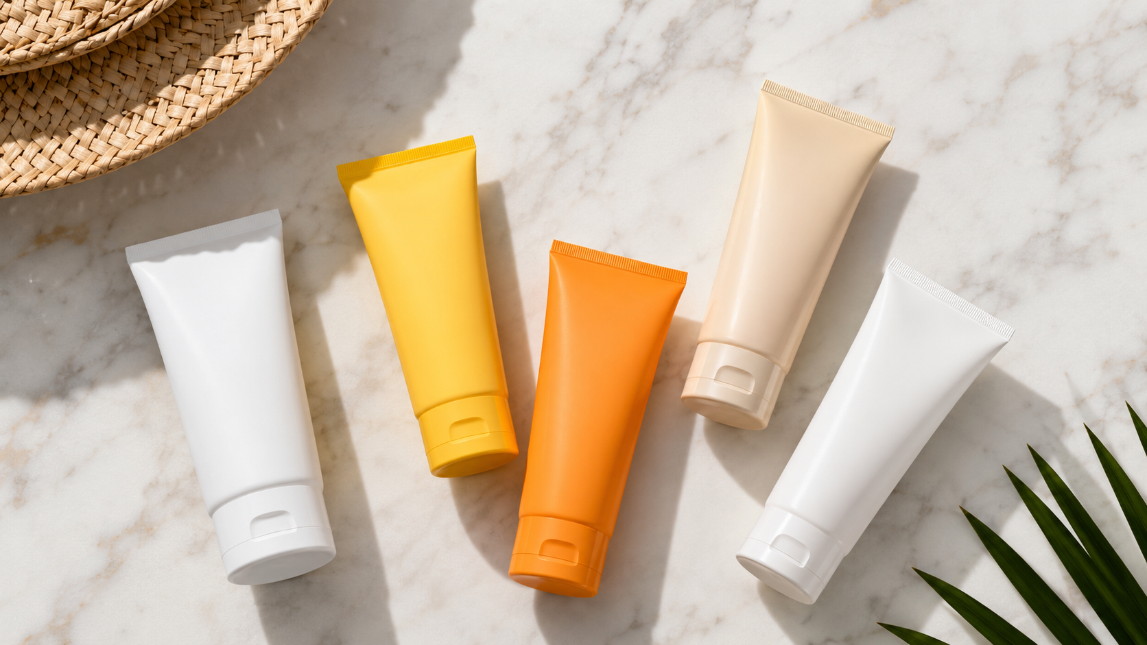 Flat lay of several sunscreen tubes on marble surface