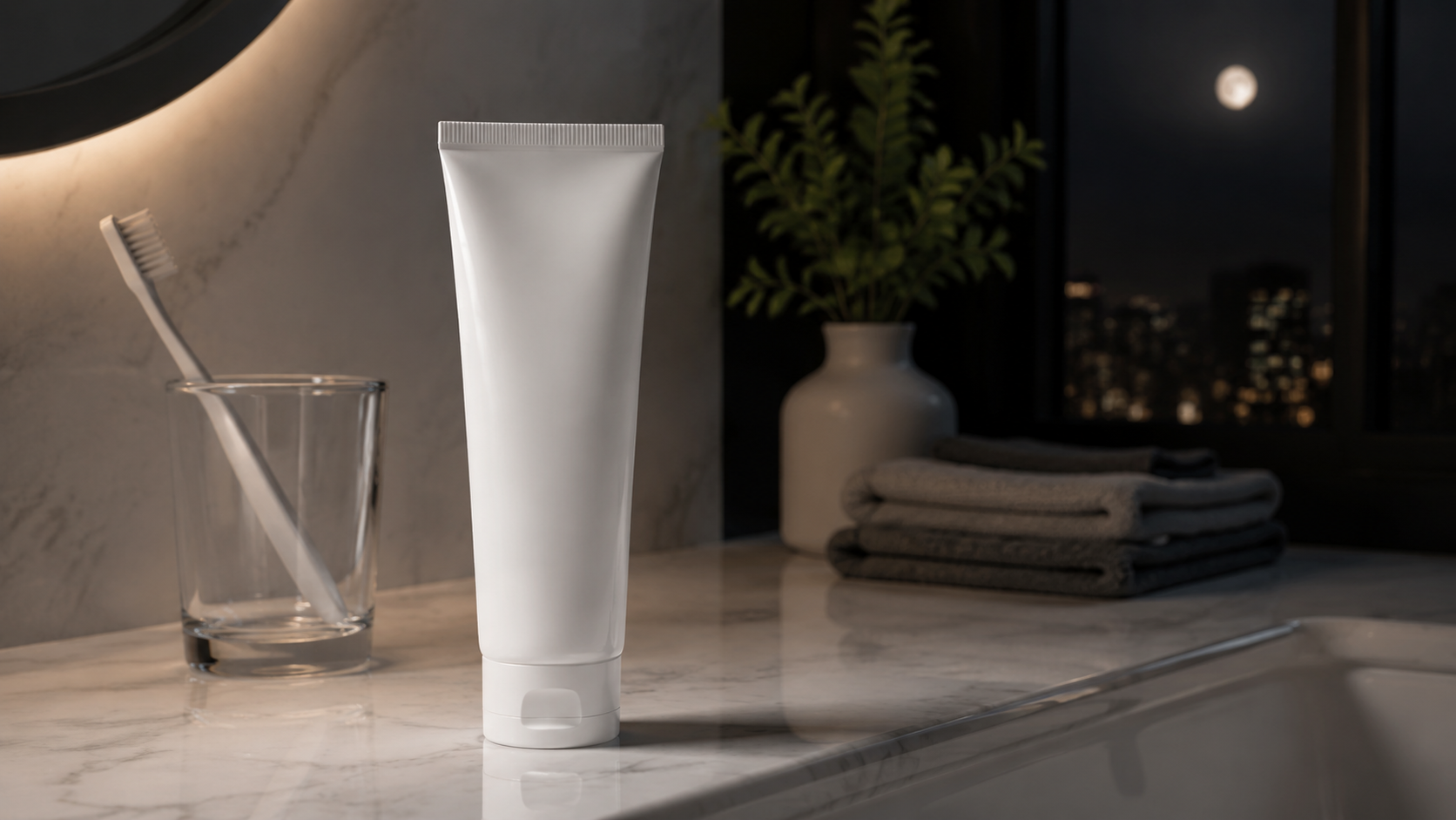 Premium nighttime toothpaste tube on a marble bathroom counter