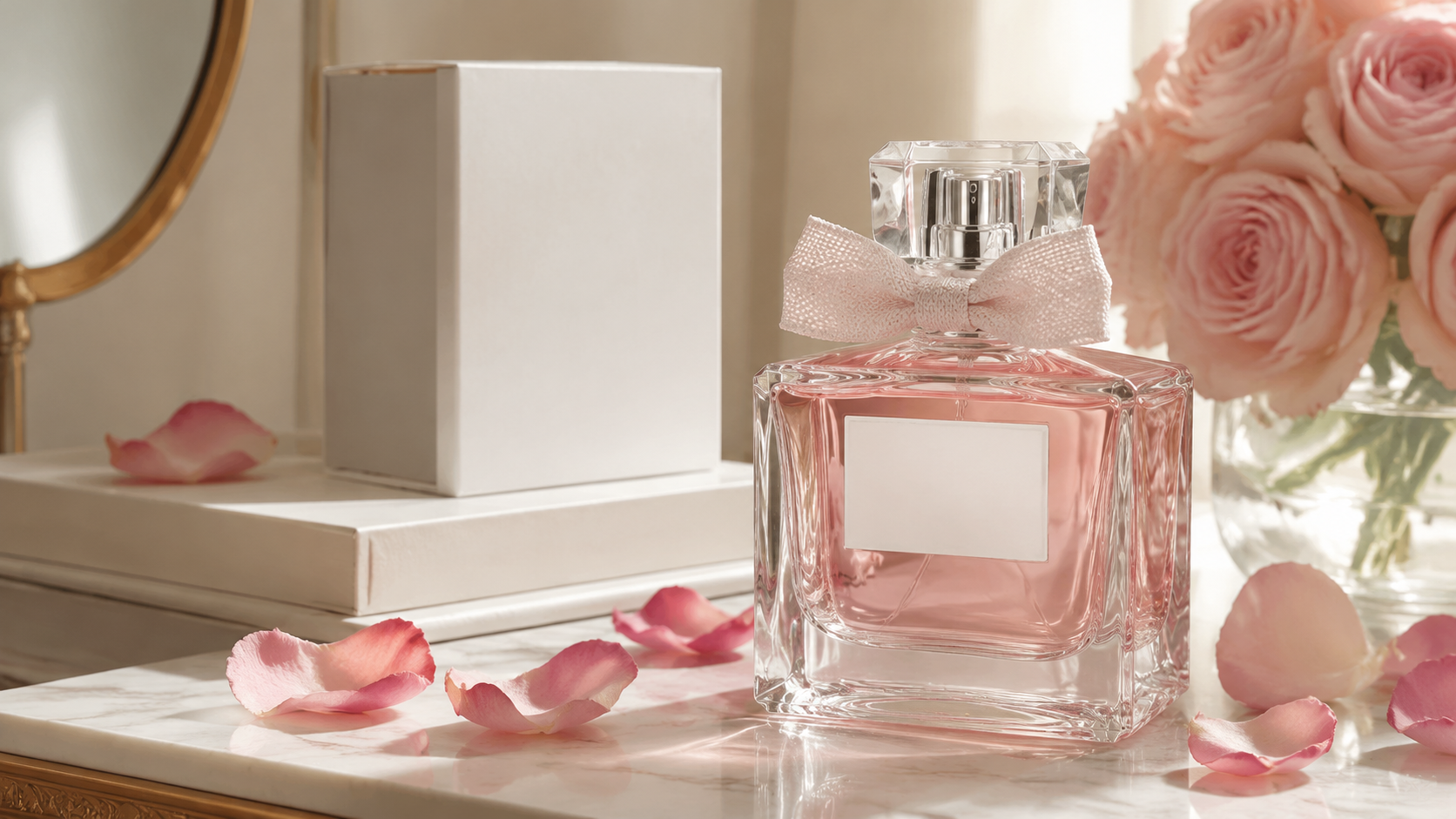 Miss Dior perfume bottle with fabric bow on marble vanity with pink rose petals