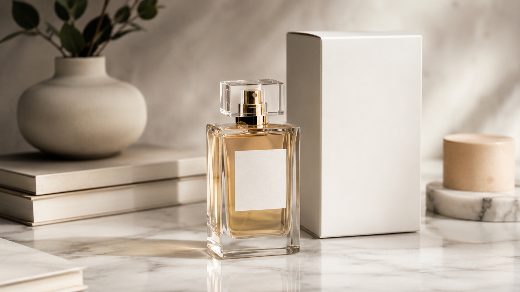7 Virtues Vanilla Woods perfume bottle on a marble counter