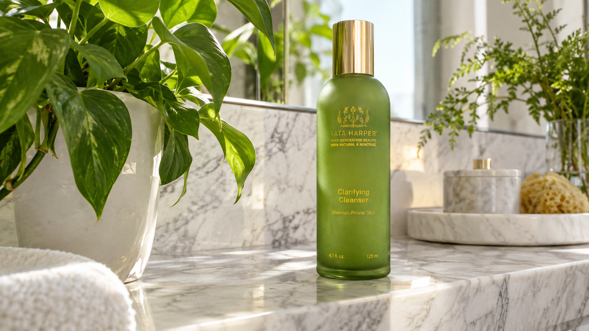 Tata Harper Clarifying Cleanser bottle on marble shelf with plants