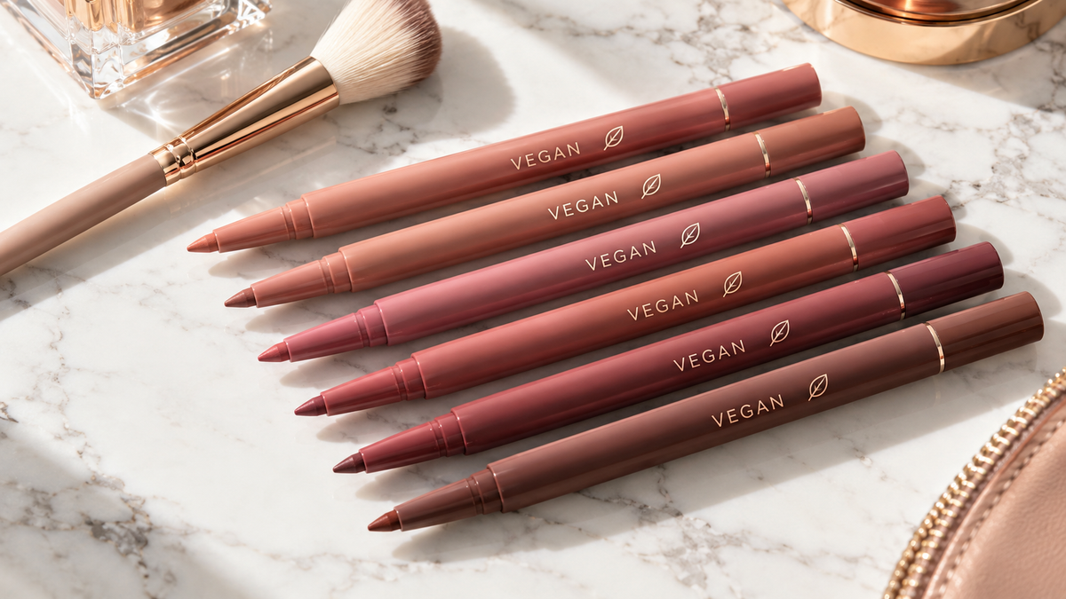 Vegan lip liners arranged on a marble surface