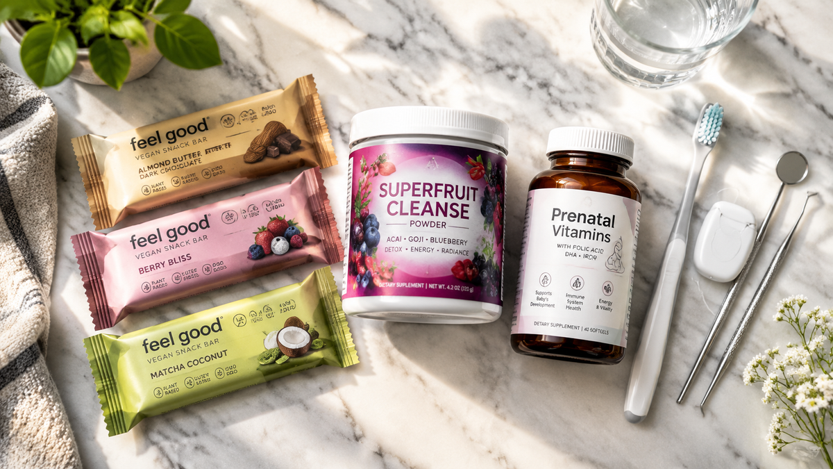 Wellness and personal care products arrangement including vegan snack bars, superfruit cleanse, prenatal vitamins, and dental hygiene tools