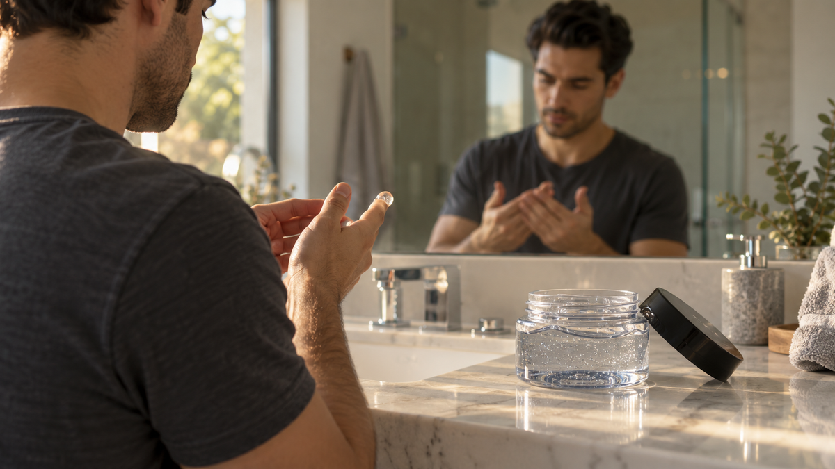 Man applying clear styling gel to short hair in front of a mirror