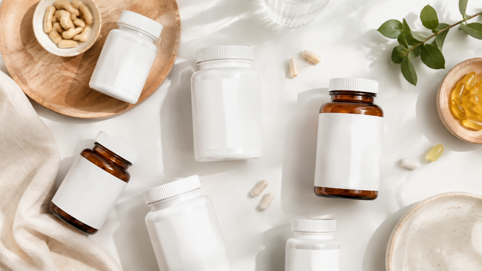 Overhead flat lay of various supplement bottles on a white table with soft natural light