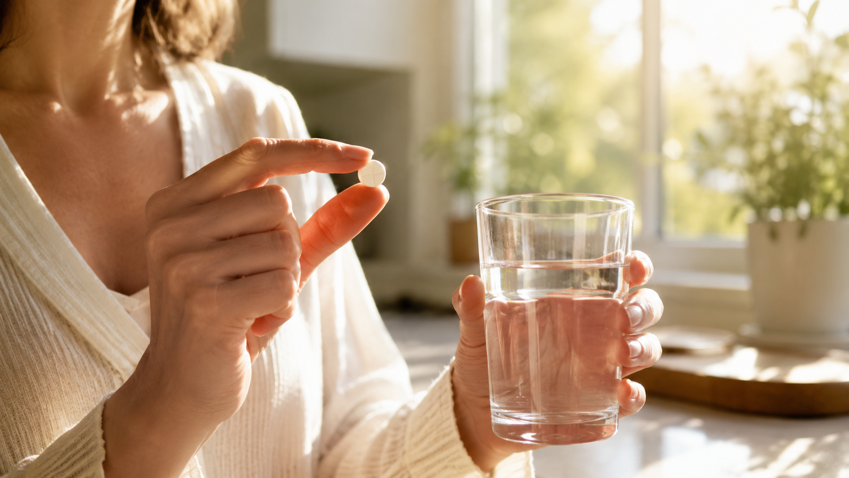 Hand holding a supplement tablet and glass of water in morning light